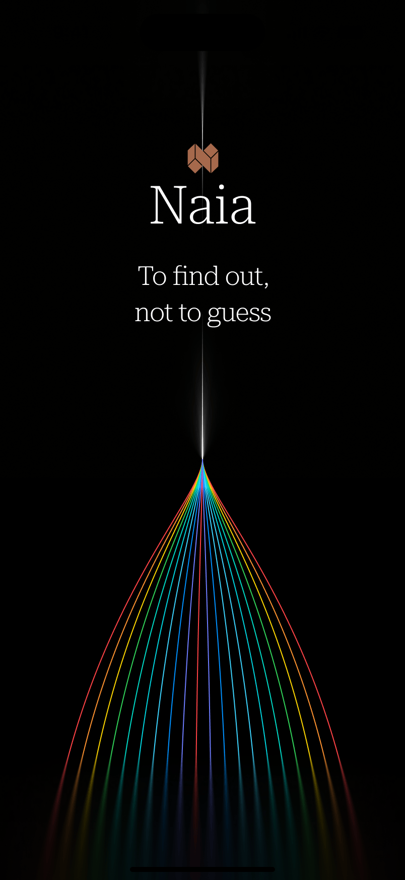 Nuus news app onboarding — a light beam forming the spectrum prism